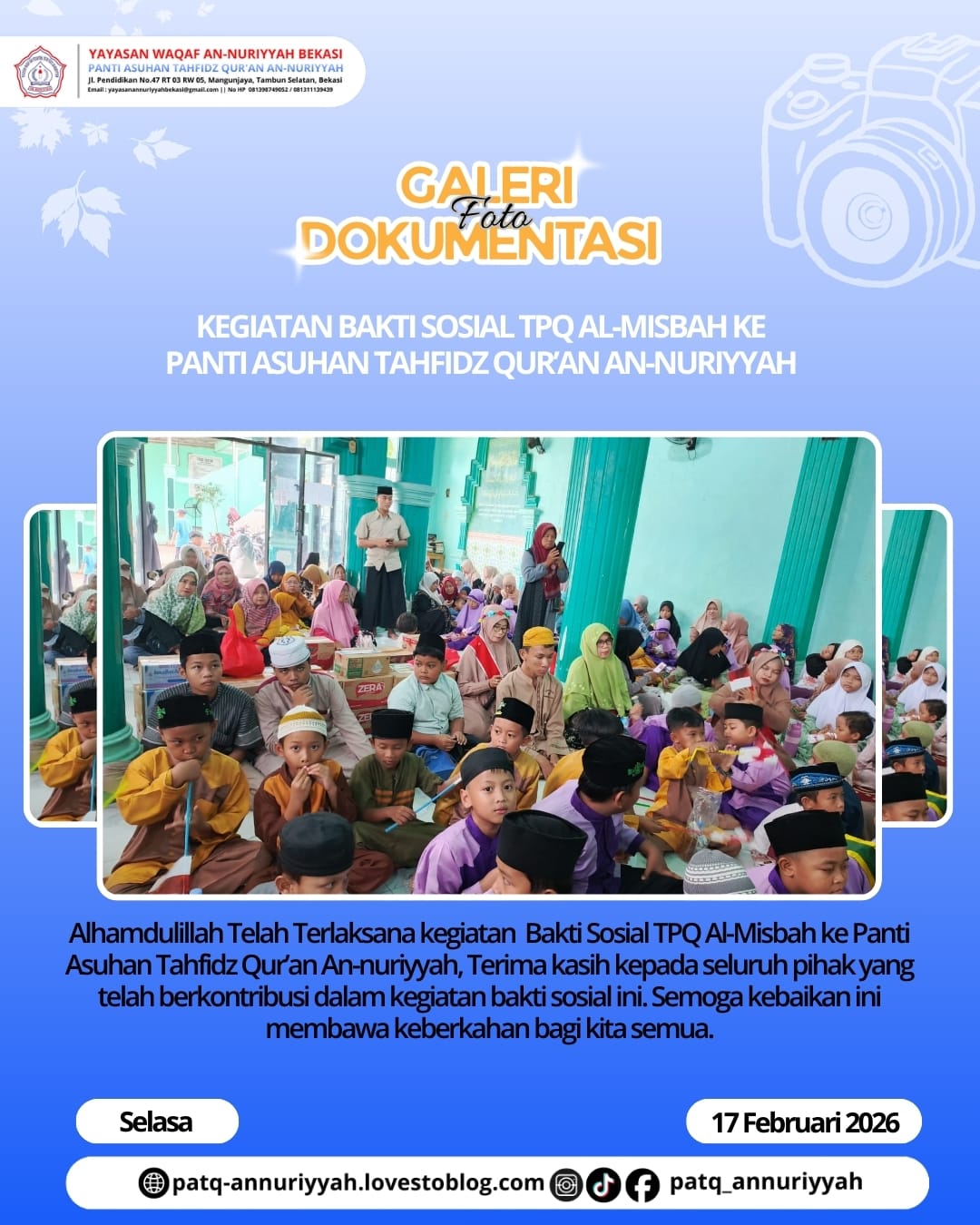 Bakti Sosial Menyambut Bulan Ramadhan TPQ Al Misbah Ke Panti Asuhan Tahfidz Qur'an An-Nuriyyah